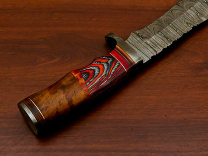 Handmade Damascus Bowie Hunting Knife | Rose Wood & Pakka Wood Handle | 13" Total Length | 4mm Blade
