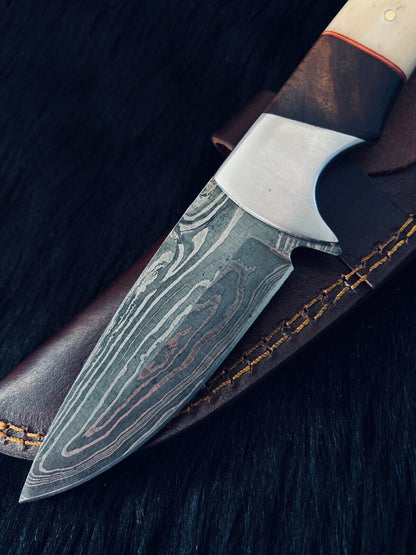 Heritage Forge 9 Inch Twist Damascus Skinner Knife with Camel Bone and Wood Handle