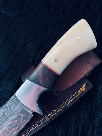 Heritage Forge 9 Inch Twist Damascus Skinner Knife with Camel Bone and Wood Handle