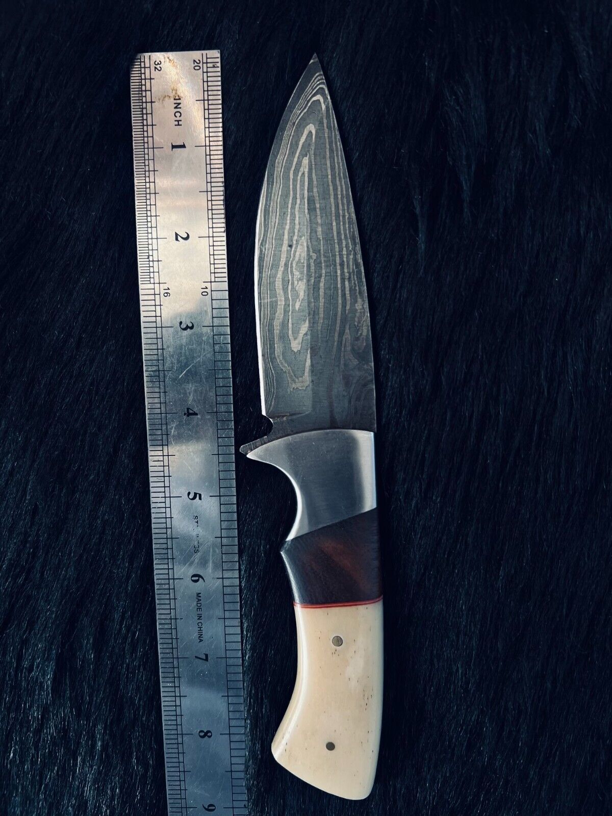 Heritage Forge 9 Inch Twist Damascus Skinner Knife with Camel Bone and Wood Handle