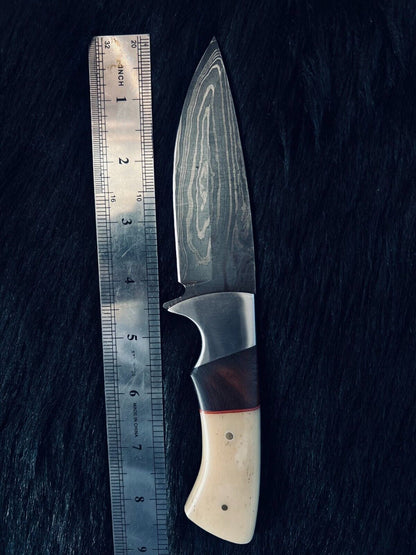Heritage Forge 9 Inch Twist Damascus Skinner Knife with Camel Bone and Wood Handle