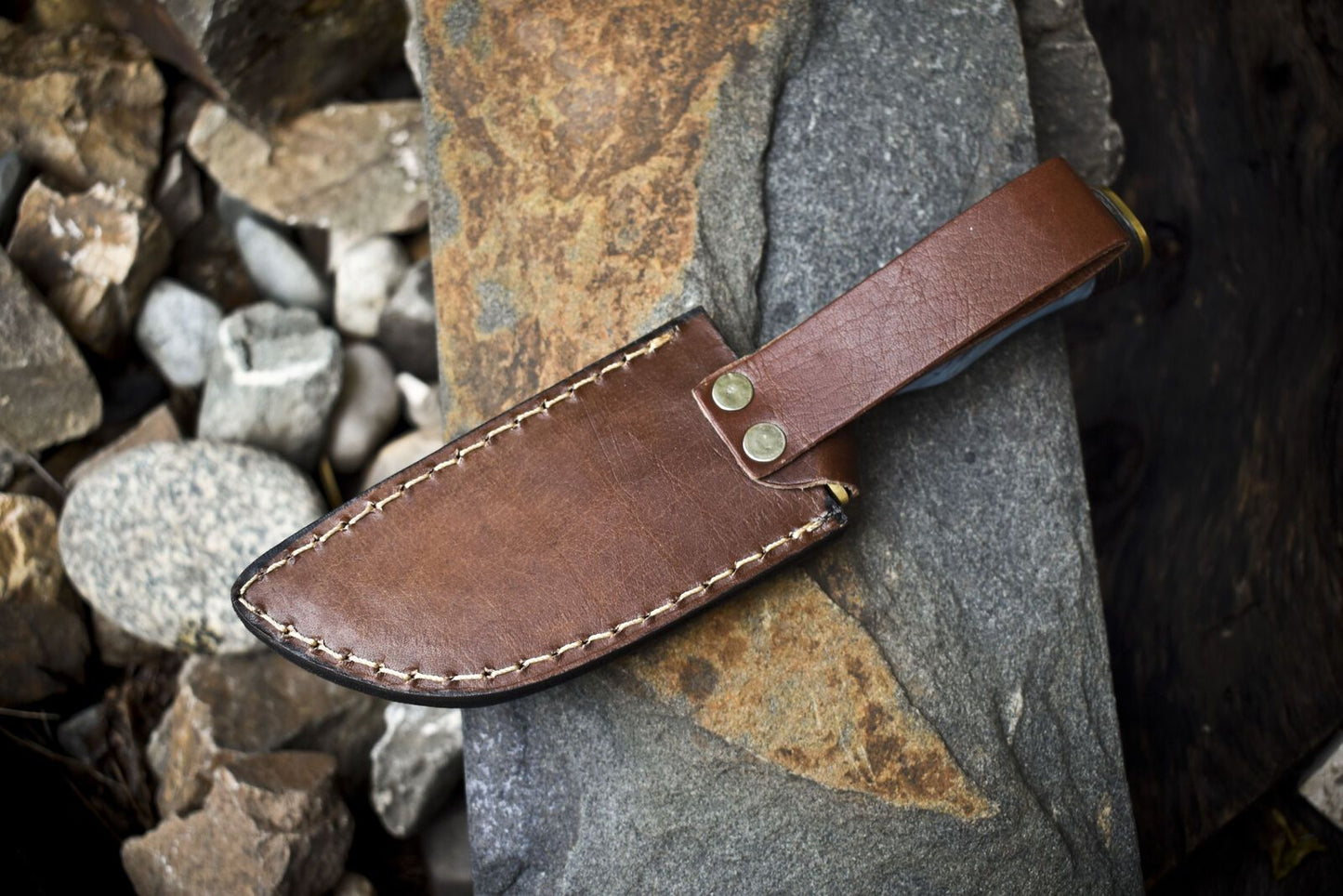 Custom Twist Damascus Skinner Knife with Gut Hook and Corian Handle – Handmade Hunting Gift Knife