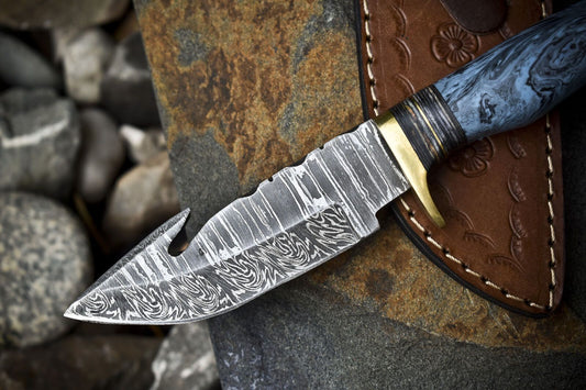 Custom Twist Damascus Skinner Knife with Gut Hook and Corian Handle – Handmade Hunting Gift Knife