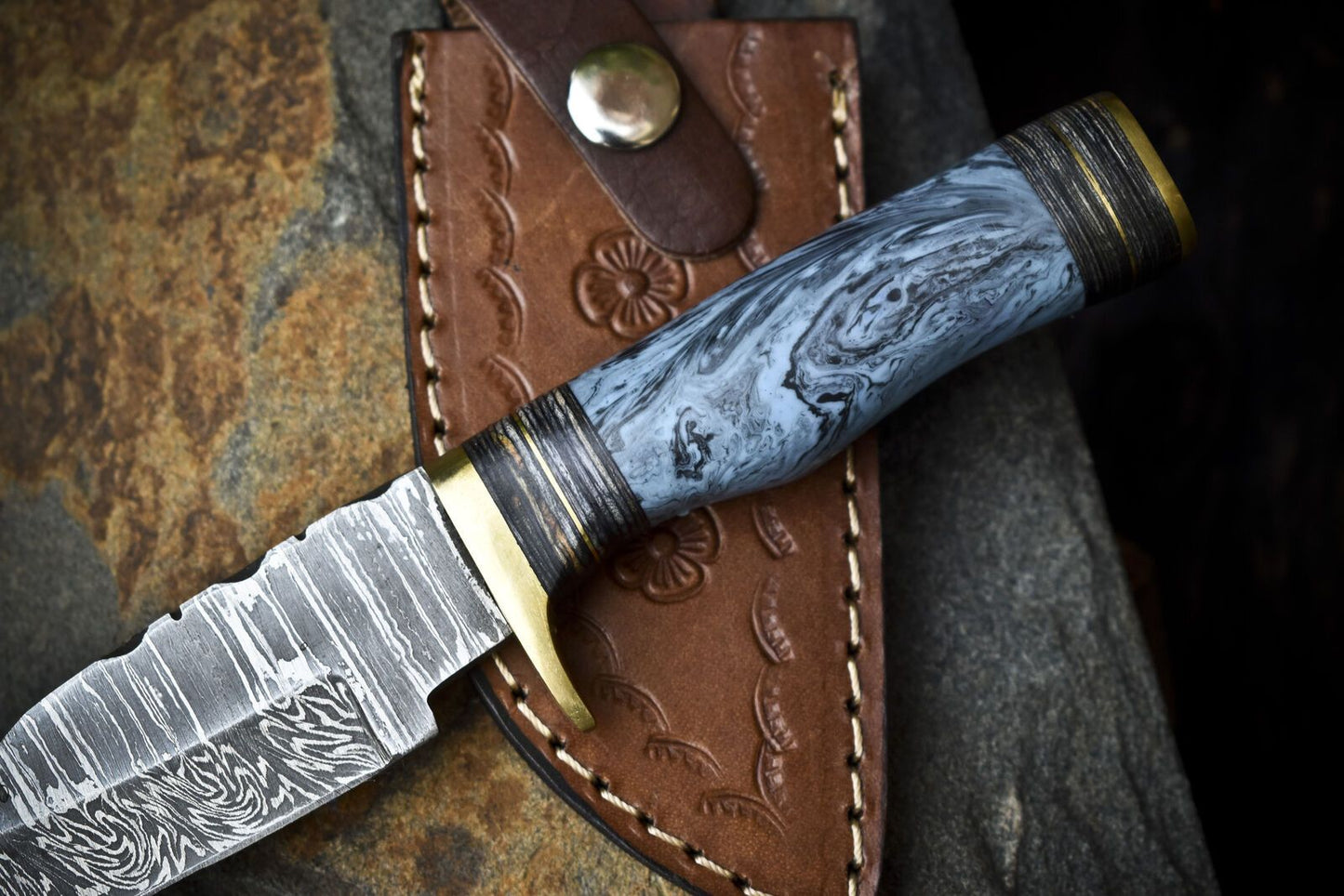 Custom Twist Damascus Skinner Knife with Gut Hook and Corian Handle – Handmade Hunting Gift Knife