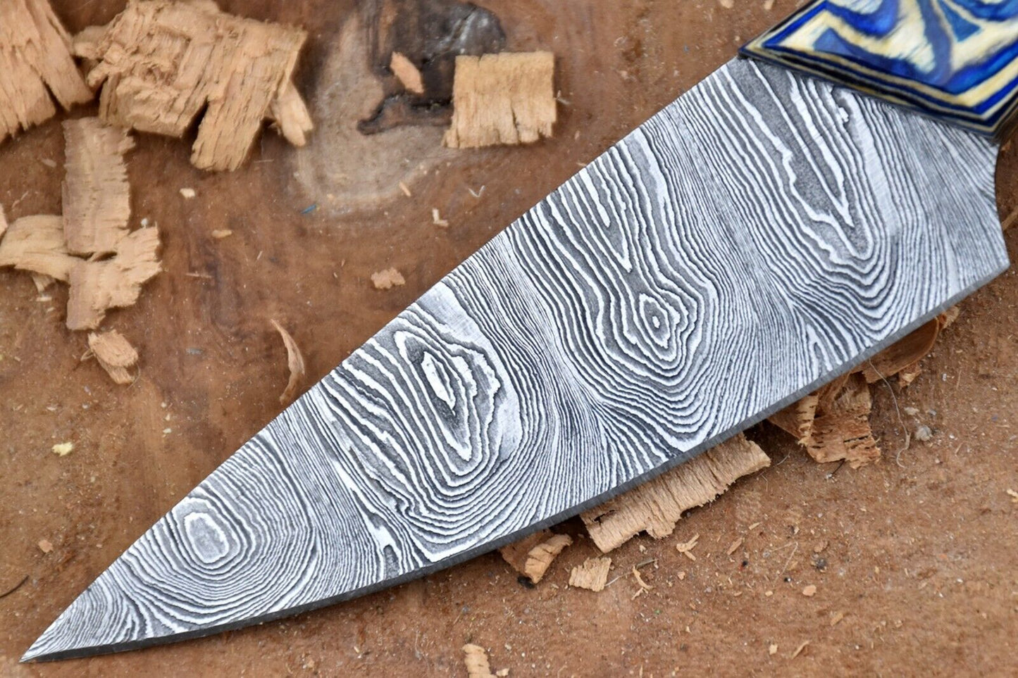 Custom Handmade Forged Damascus Steel Kitchen Chef Knife – 9" Blade with White & Blue Handle