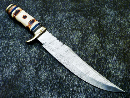 Authentic Hand Forged Damascus Bowie Hunting Knife | Camel Bone Handle | 15" Overall