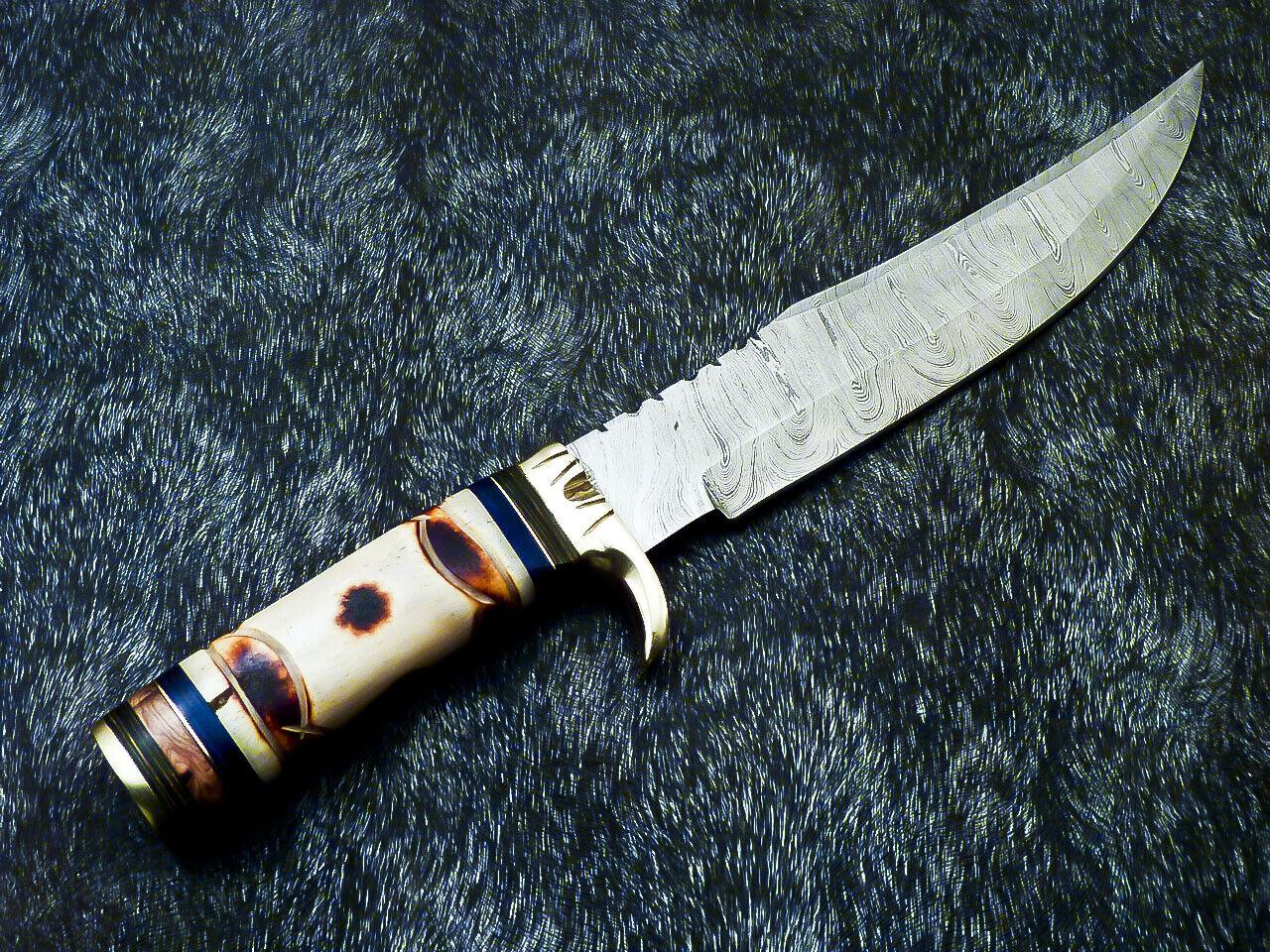 Authentic Hand Forged Damascus Bowie Hunting Knife | Camel Bone Handle | 15" Overall