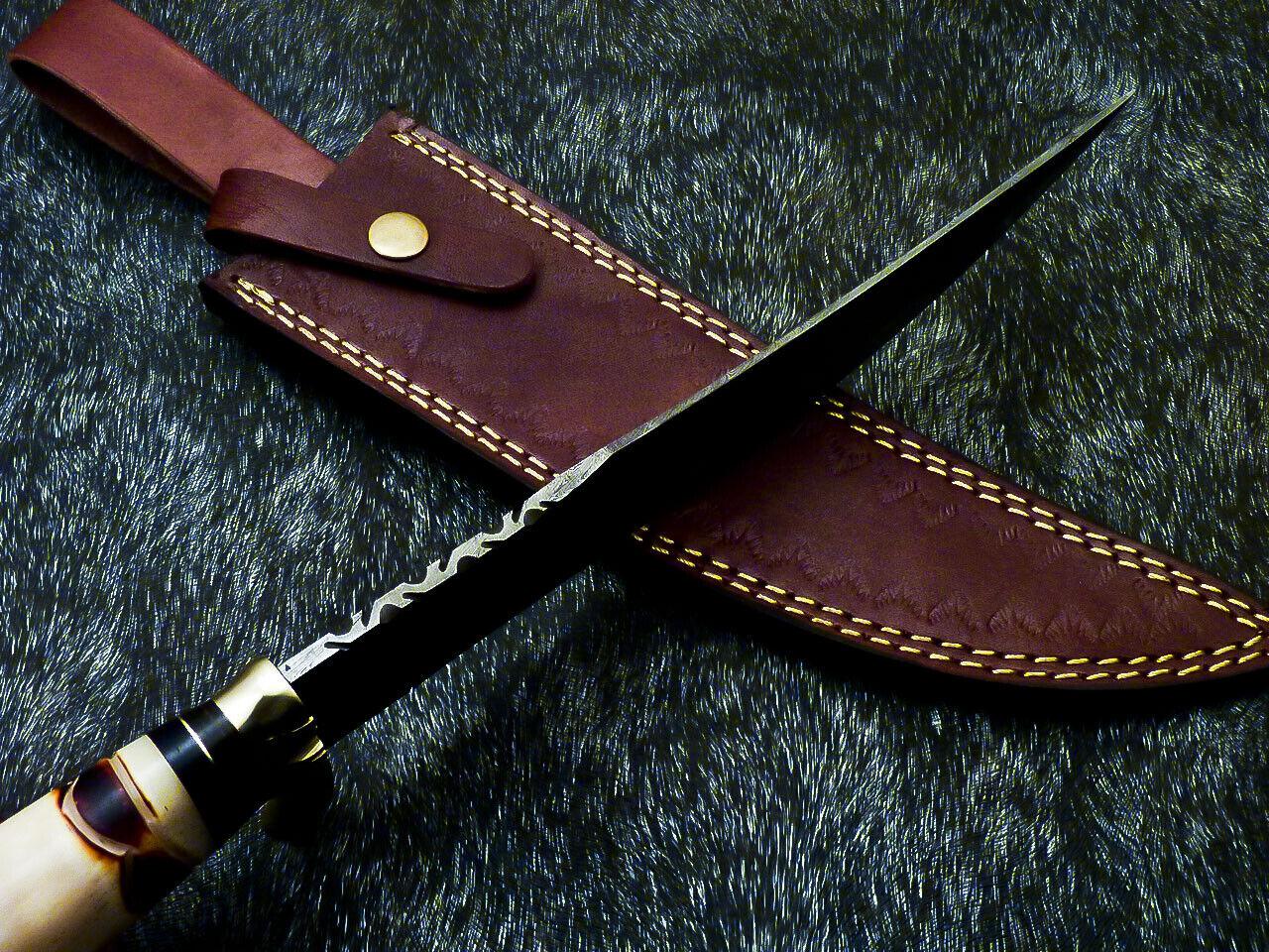 Authentic Hand Forged Damascus Bowie Hunting Knife | Camel Bone Handle | 15" Overall