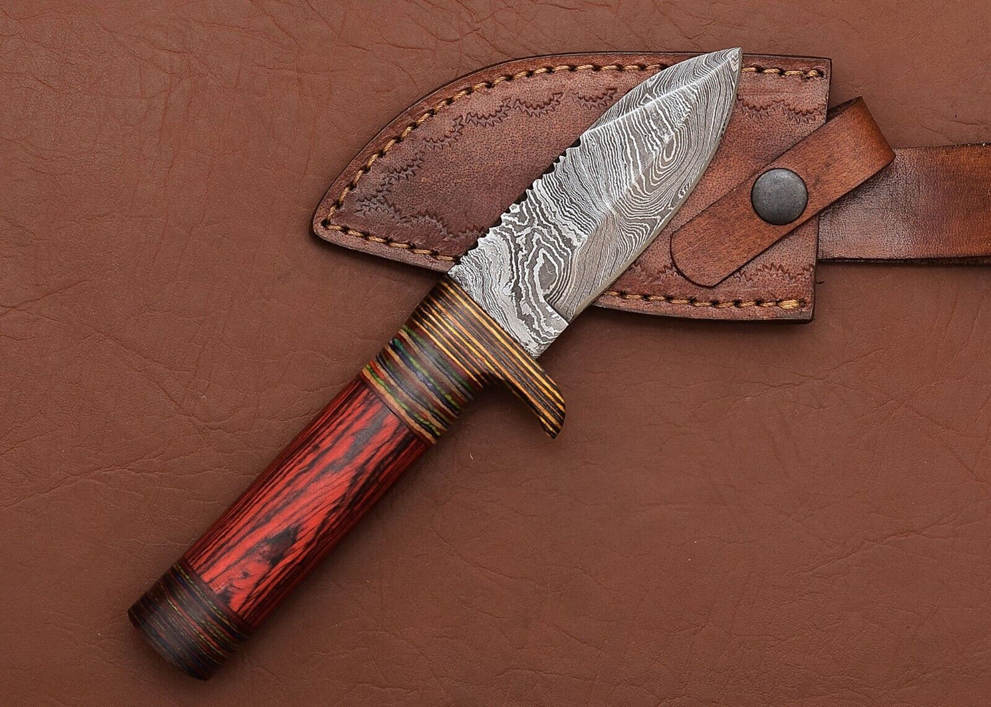 Custom Damascus Skinner Hunting Knife with Pakka Wood Handle | Handmade Fixed Blade