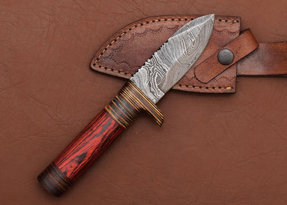Custom Damascus Skinner Hunting Knife with Pakka Wood Handle | Handmade Fixed Blade