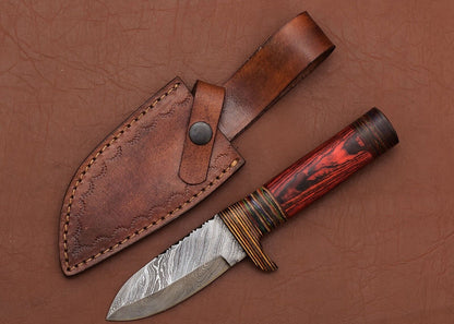Custom Damascus Skinner Hunting Knife with Pakka Wood Handle | Handmade Fixed Blade