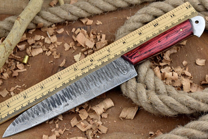 Custom Handmade Forged Damascus Steel Kitchen Chef Knife – 12" Overall, 7" Blade, Leather Sheath Included