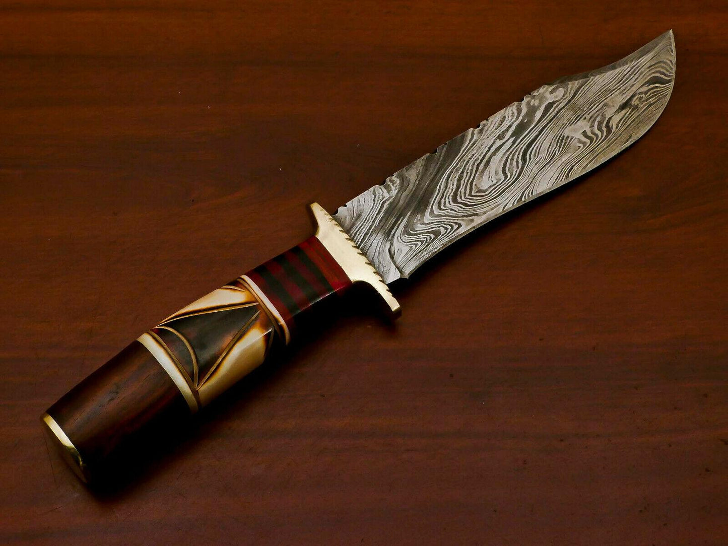 Handmade Damascus Bowie Hunting Knife | Burn Camel Bone, Pakka Wood & Rose Wood Handle