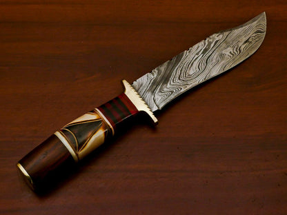 Handmade Damascus Bowie Hunting Knife | Burn Camel Bone, Pakka Wood & Rose Wood Handle