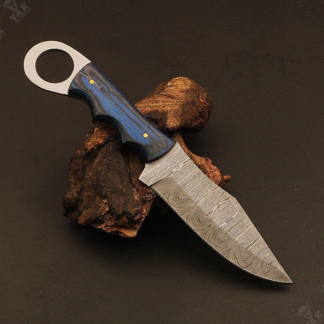 Heritage Forge Ladder Damascus Steel Hunting Knife with Camel Bone and Wood Handle