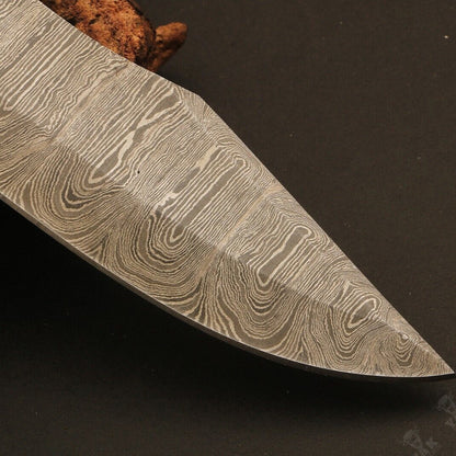 Heritage Forge Ladder Damascus Steel Hunting Knife with Camel Bone and Wood Handle