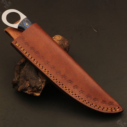 Heritage Forge Ladder Damascus Steel Hunting Knife with Camel Bone and Wood Handle