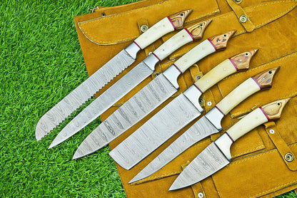 6-Piece Custom Handmade Damascus Steel Chef Knife Set with Leather Roll