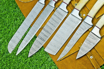 6-Piece Custom Handmade Damascus Steel Chef Knife Set with Leather Roll