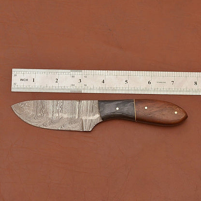 Custom Damascus Steel Skinner Knife with Wood Handle for Hunting Camping and Survival