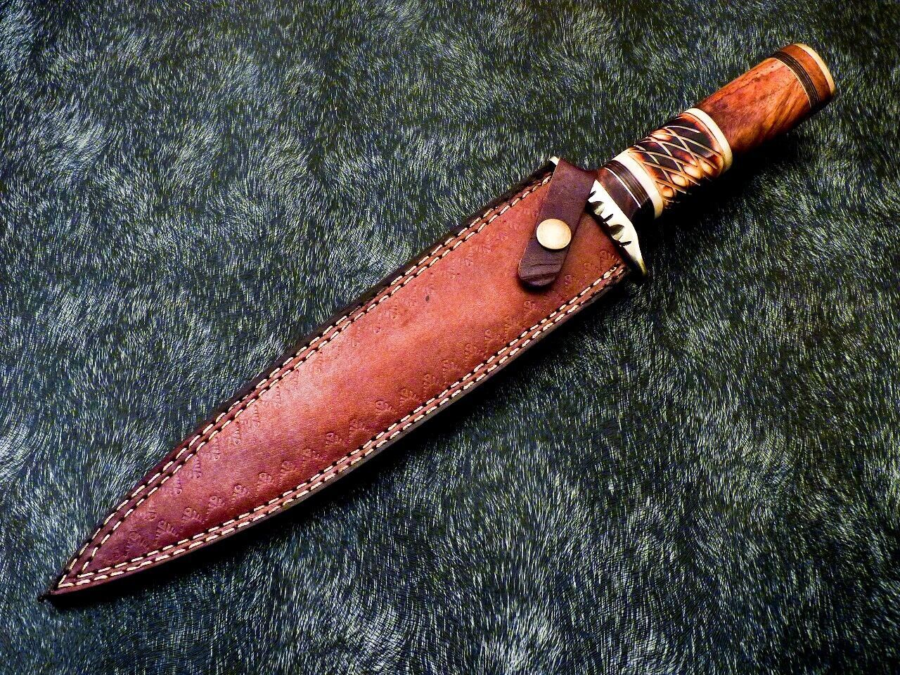 15 Inch Damascus Hunting Dagger Knife with Camel Bone and Wood Handle