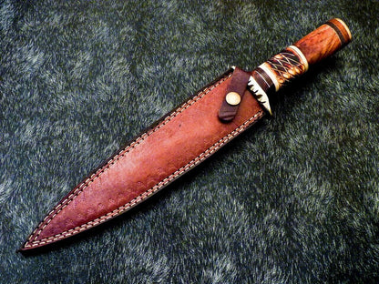 15 Inch Damascus Hunting Dagger Knife with Camel Bone and Wood Handle
