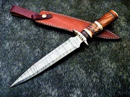 15 Inch Damascus Hunting Dagger Knife with Camel Bone and Wood Handle