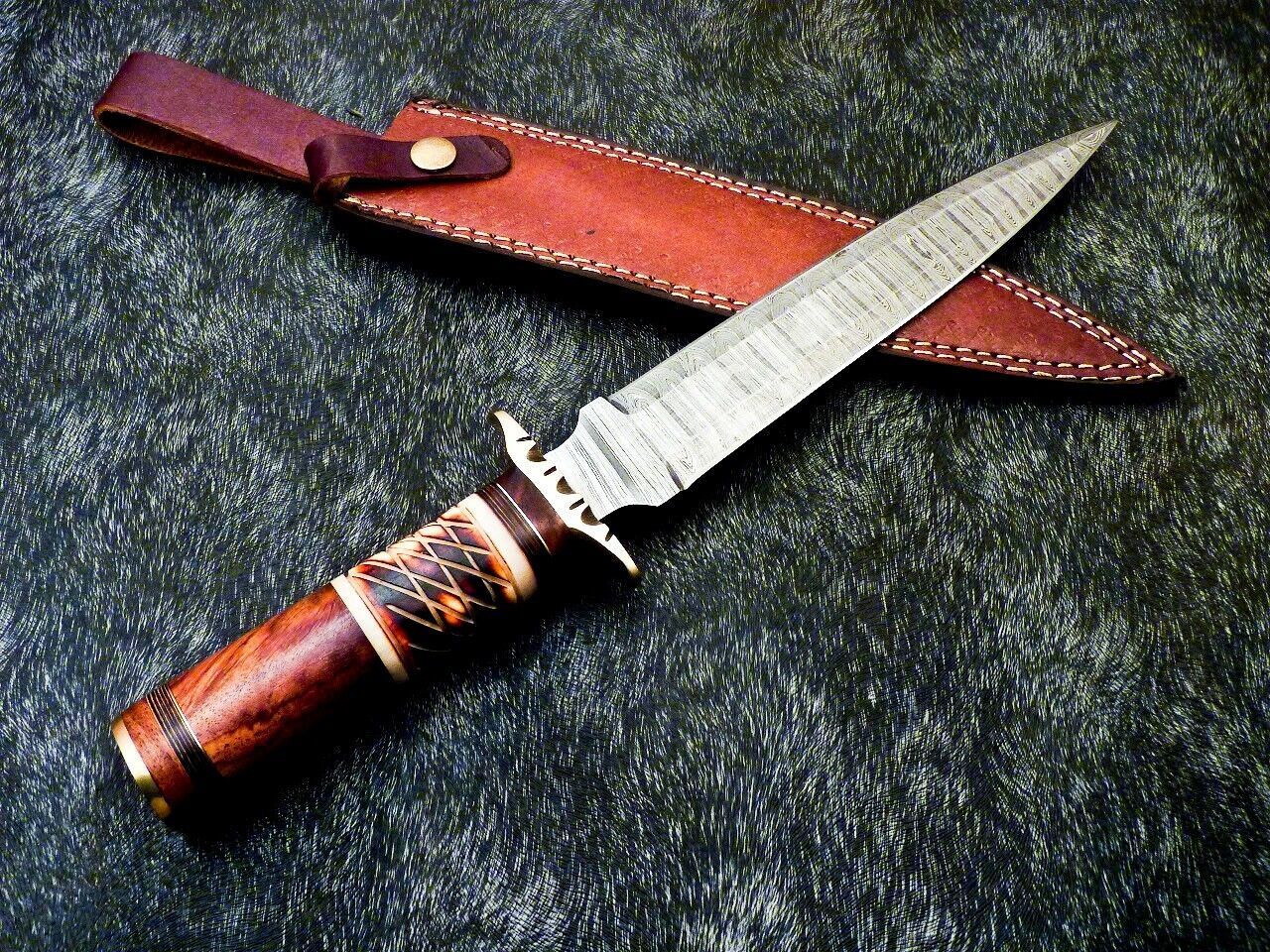 15 Inch Damascus Hunting Dagger Knife with Camel Bone and Wood Handle