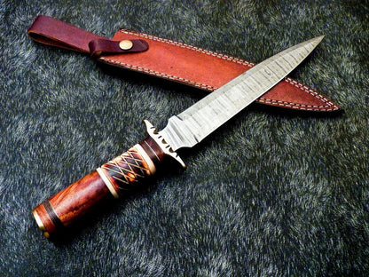 15 Inch Damascus Hunting Dagger Knife with Camel Bone and Wood Handle