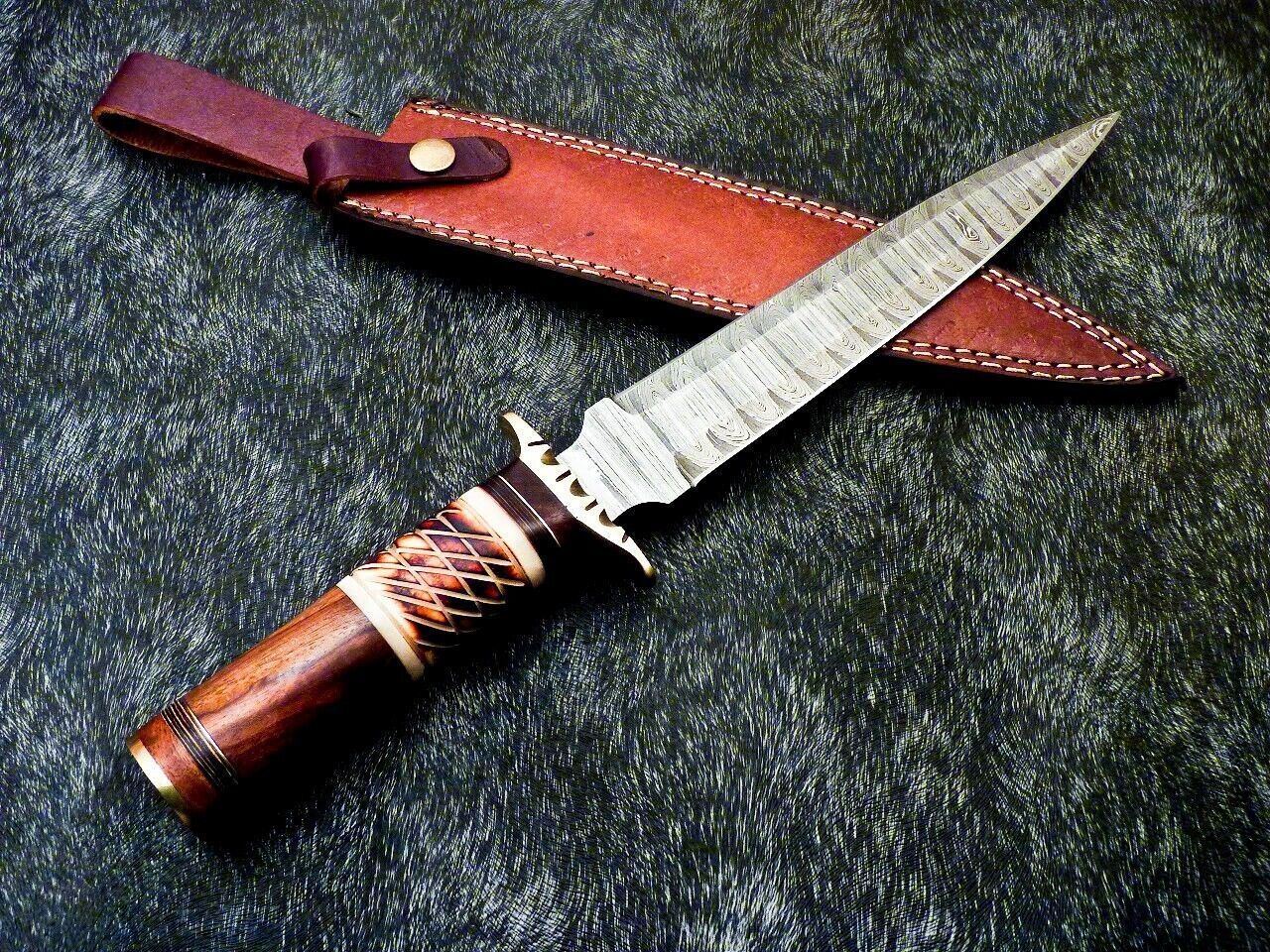 15 Inch Damascus Hunting Dagger Knife with Camel Bone and Wood Handle