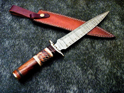 15 Inch Damascus Hunting Dagger Knife with Camel Bone and Wood Handle