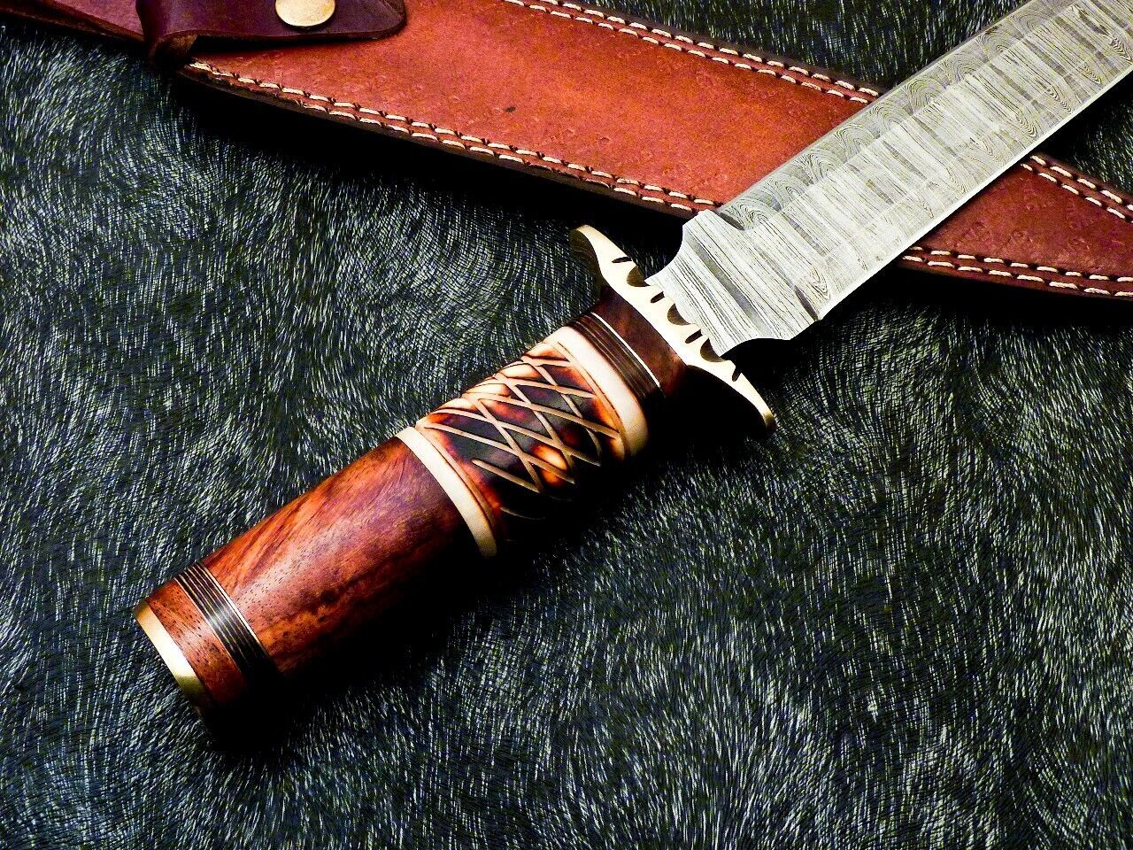 15 Inch Damascus Hunting Dagger Knife with Camel Bone and Wood Handle