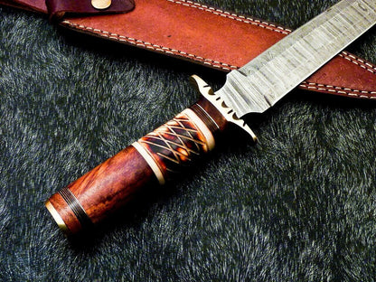 15 Inch Damascus Hunting Dagger Knife with Camel Bone and Wood Handle