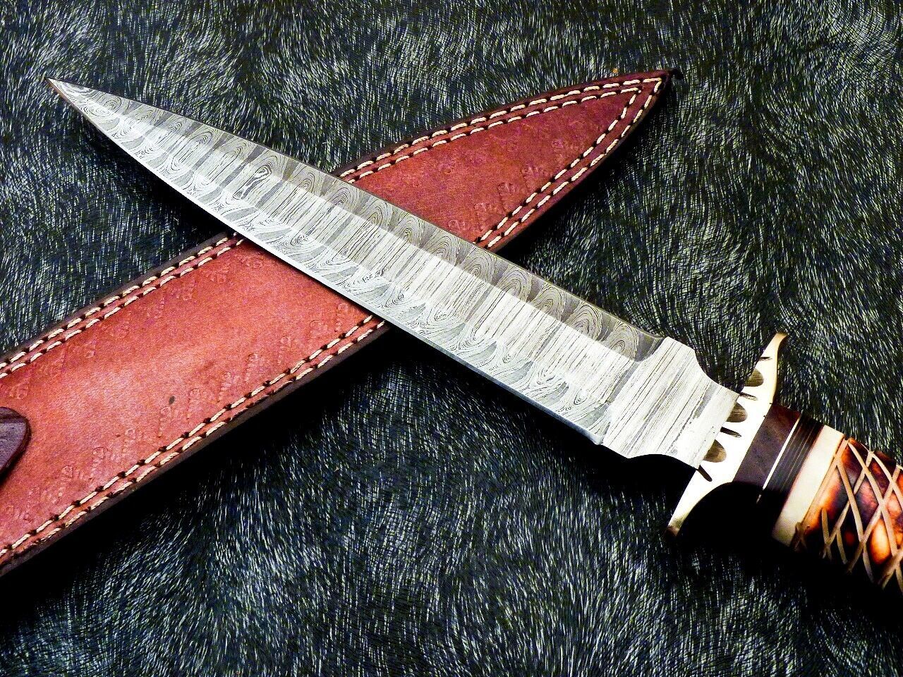15 Inch Damascus Hunting Dagger Knife with Camel Bone and Wood Handle