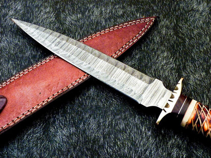 15 Inch Damascus Hunting Dagger Knife with Camel Bone and Wood Handle