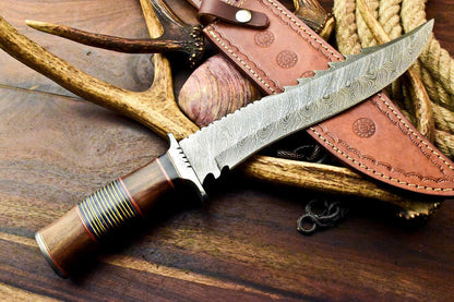 15" Damascus Steel Bowie Knife – Walnut Wood Handle & Leather Sheath