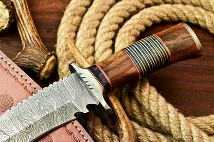 15" Damascus Steel Bowie Knife – Walnut Wood Handle & Leather Sheath