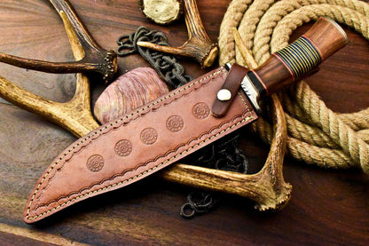 15" Damascus Steel Bowie Knife – Walnut Wood Handle & Leather Sheath