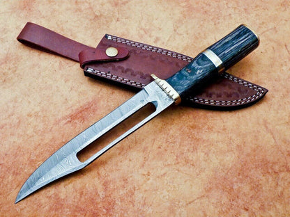 Heritage Forge 12 Inch Handmade Damascus Hunting Knife with Hardwood Handle and Brass Bolster