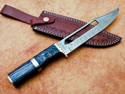 Heritage Forge 12 Inch Handmade Damascus Hunting Knife with Hardwood Handle and Brass Bolster