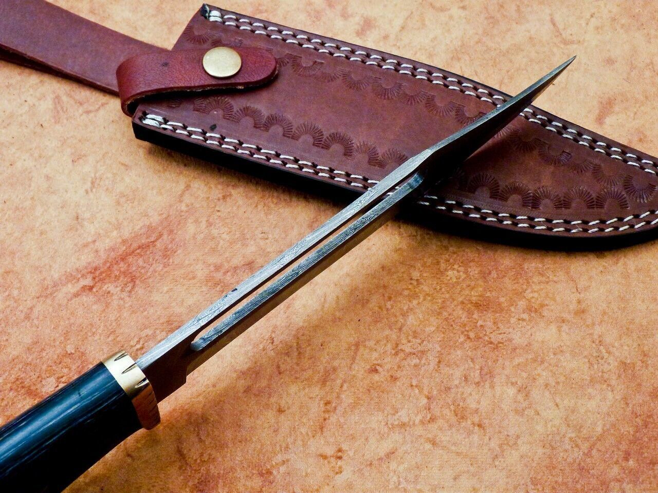 Heritage Forge 12 Inch Handmade Damascus Hunting Knife with Hardwood Handle and Brass Bolster