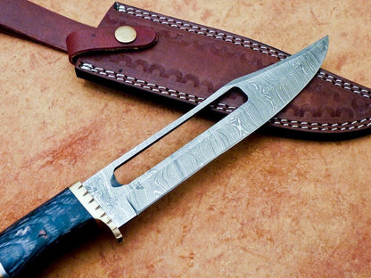 Heritage Forge 12 Inch Handmade Damascus Hunting Knife with Hardwood Handle and Brass Bolster