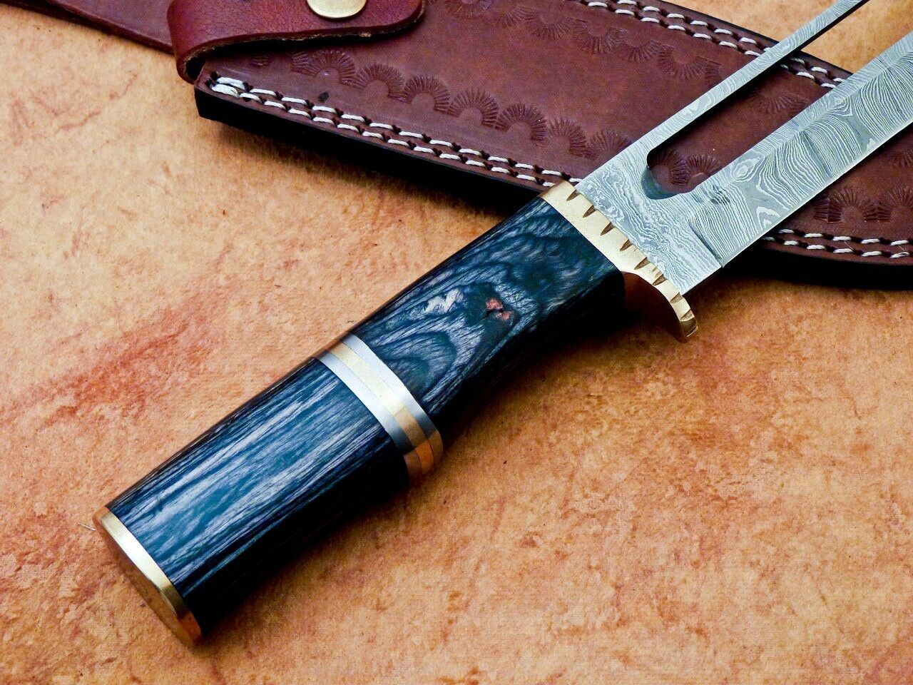 Heritage Forge 12 Inch Handmade Damascus Hunting Knife with Hardwood Handle and Brass Bolster