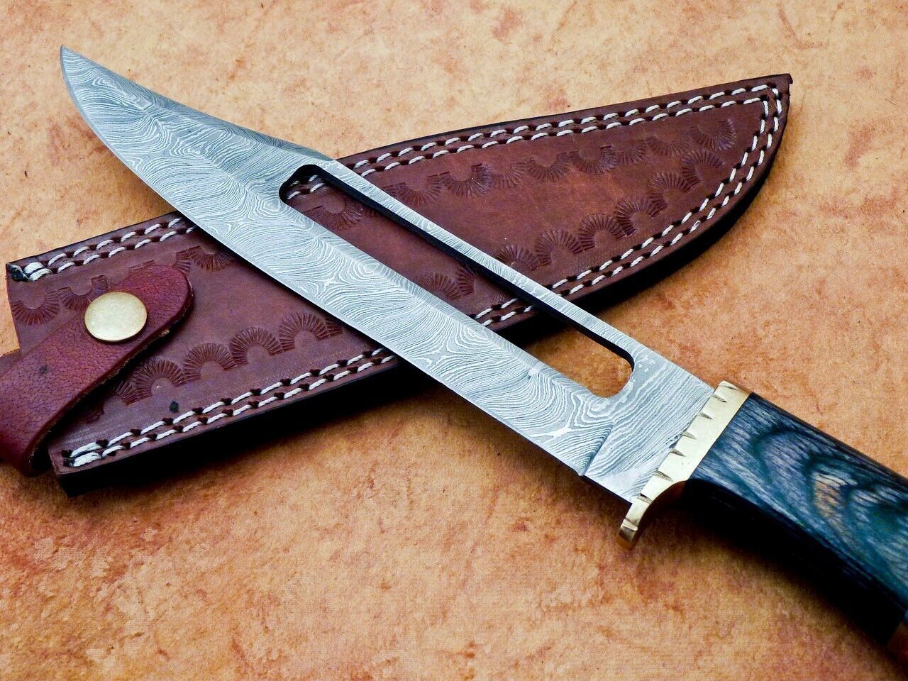 Heritage Forge 12 Inch Handmade Damascus Hunting Knife with Hardwood Handle and Brass Bolster