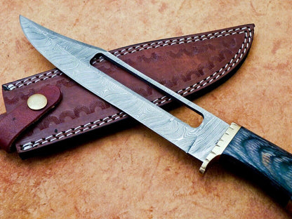 Heritage Forge 12 Inch Handmade Damascus Hunting Knife with Hardwood Handle and Brass Bolster