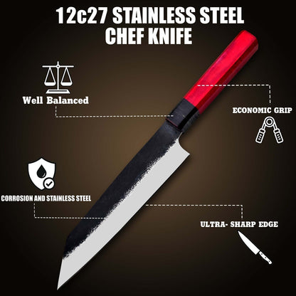 Custom Handmade Hammered 12C27 Steel Chef Knife with Wooden Handle – 14" Professional Kitchen Knife