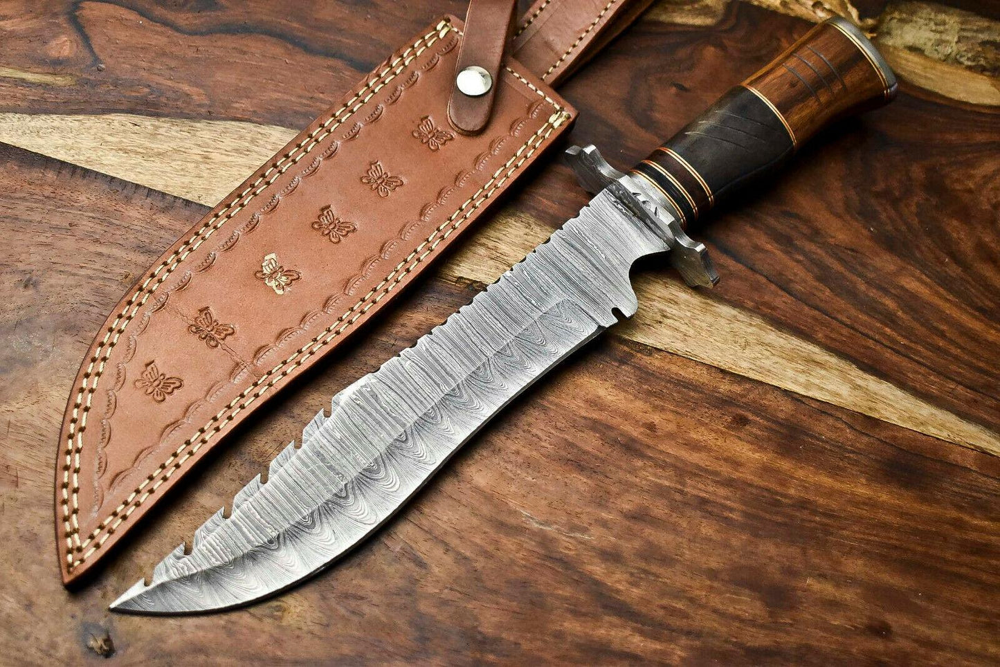 15" Handmade Damascus Steel Hunting Bowie Knife – Camel Bone Handle with Leather Sheath