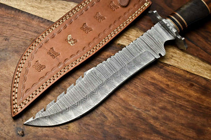 15" Handmade Damascus Steel Hunting Bowie Knife – Camel Bone Handle with Leather Sheath