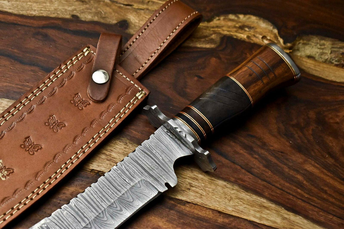 15" Handmade Damascus Steel Hunting Bowie Knife – Camel Bone Handle with Leather Sheath