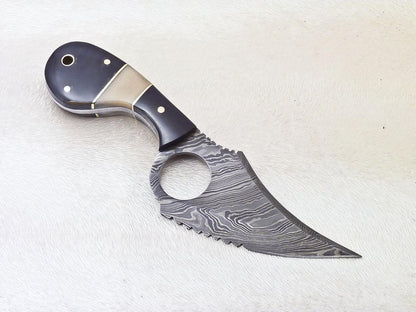 Custom Handmade Damascus Skinner Knife with Bull Horn and Camel Bone Handle